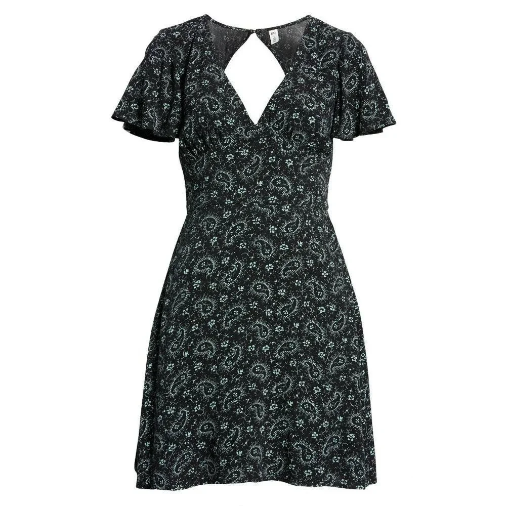 NWT BP Paisley Flutter Sleeve V-Neck Dress BLACK AND TEAL - SIZE XS - Picture 11 of 11